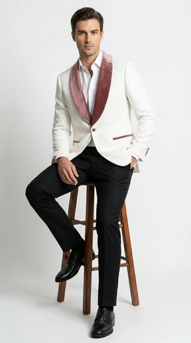 Men’s Ivory and Rose gold Floral Blazer – Elegant Shawl Lapel Formal Blazer Jacket for Wedding, Party, Prom - Image 5