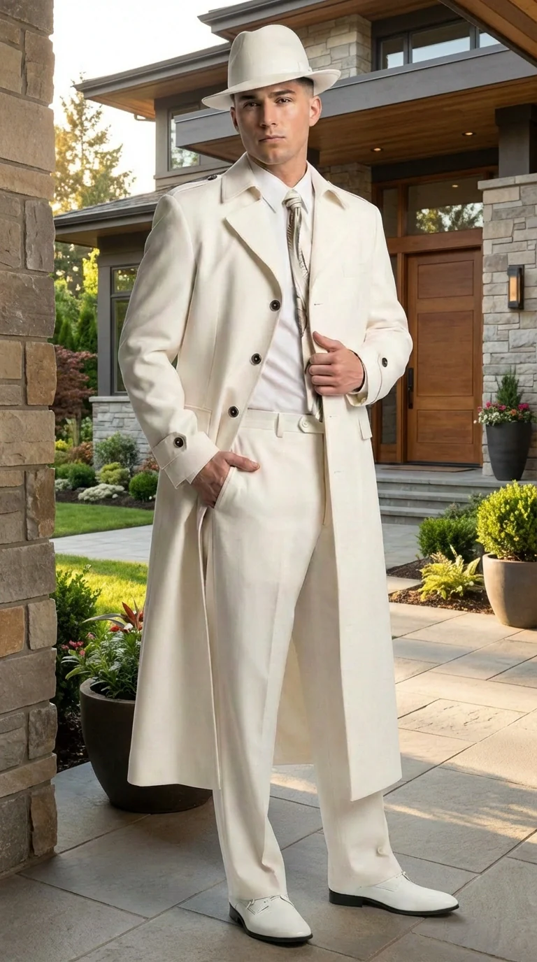 Men’s Ivory Cream Off White Full Length Zoot Suit – Vintage Gangster Style Long Coat Formal Suit - Image 10