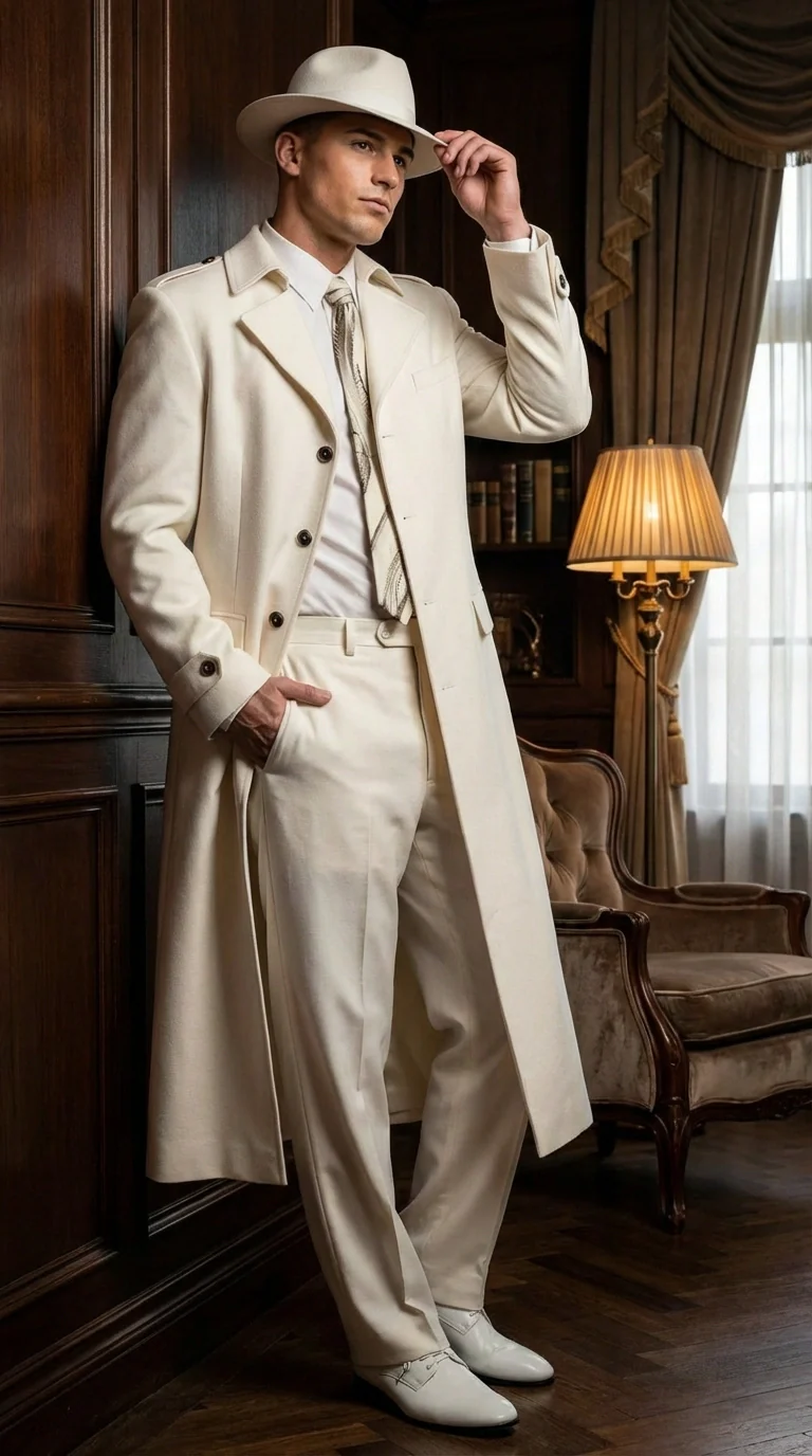 Men’s Ivory Cream Off White Full Length Zoot Suit – Vintage Gangster Style Long Coat Formal Suit - Image 11