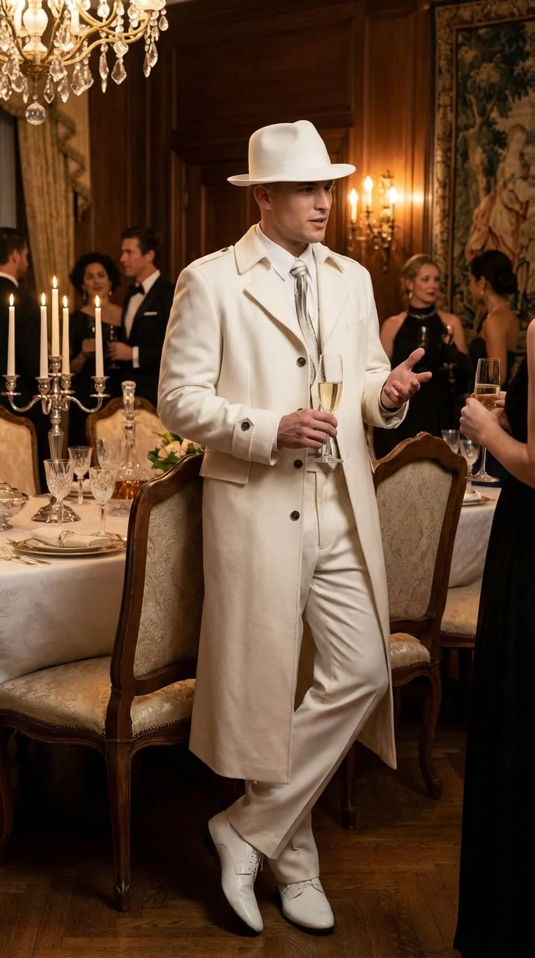 Men’s Ivory Cream Off White Full Length Zoot Suit – Vintage Gangster Style Long Coat Formal Suit - Image 12