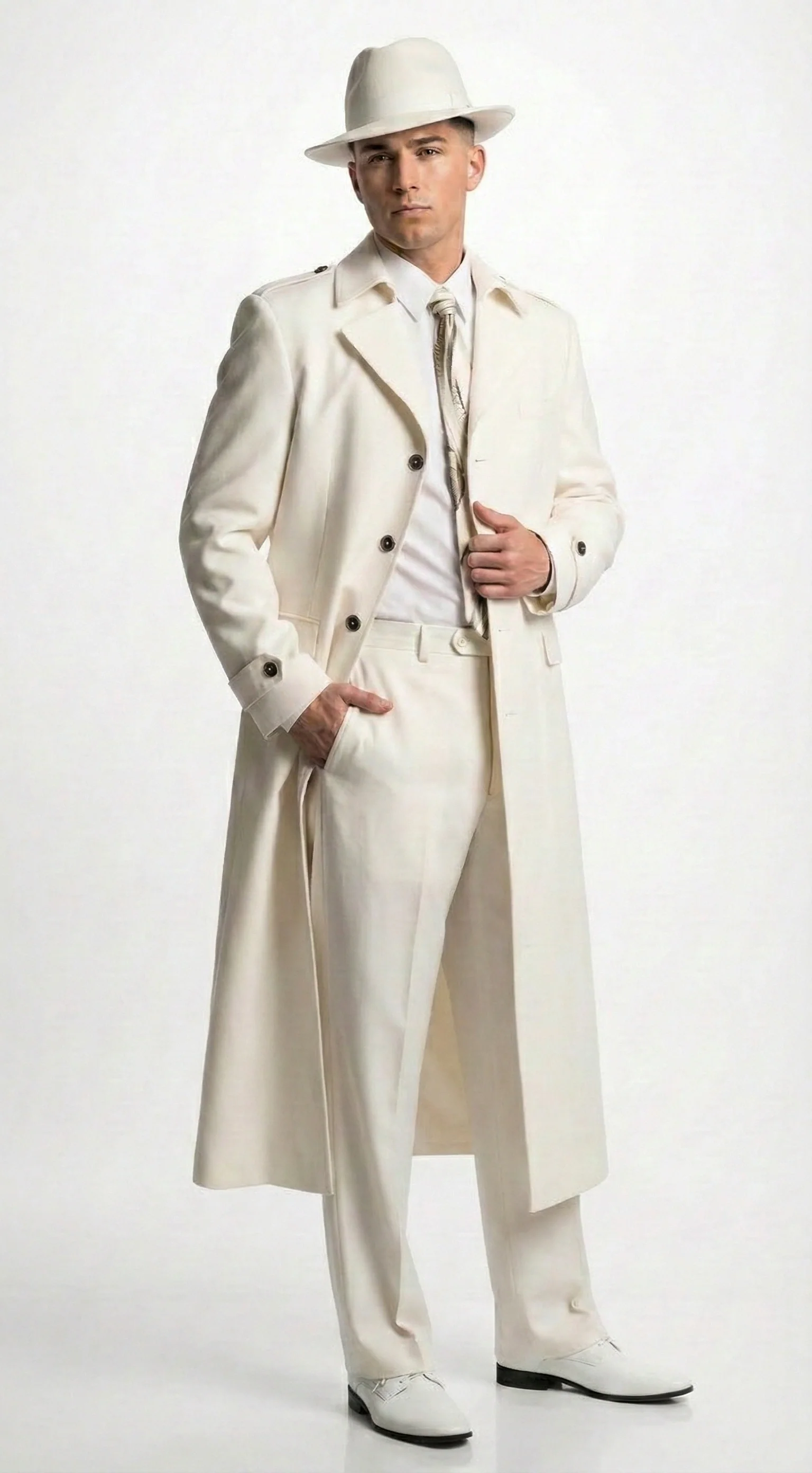 Men’s Ivory Cream Off White Full Length Zoot Suit – Vintage Gangster Style Long Coat Formal Suit - Image 2