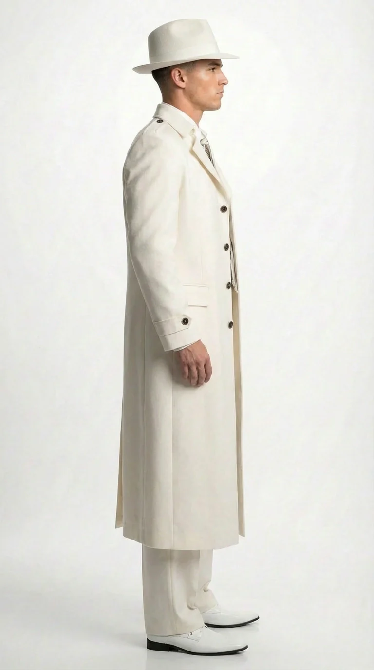 Men’s Ivory Cream Off White Full Length Zoot Suit – Vintage Gangster Style Long Coat Formal Suit - Image 3