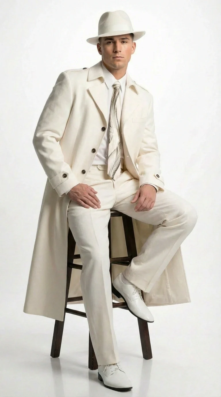 Men’s Ivory Cream Off White Full Length Zoot Suit – Vintage Gangster Style Long Coat Formal Suit - Image 4