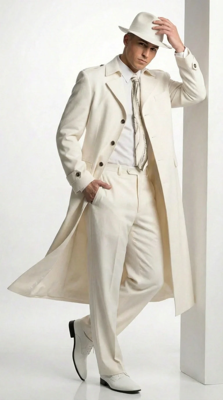 Men’s Ivory Cream Off White Full Length Zoot Suit – Vintage Gangster Style Long Coat Formal Suit - Image 5