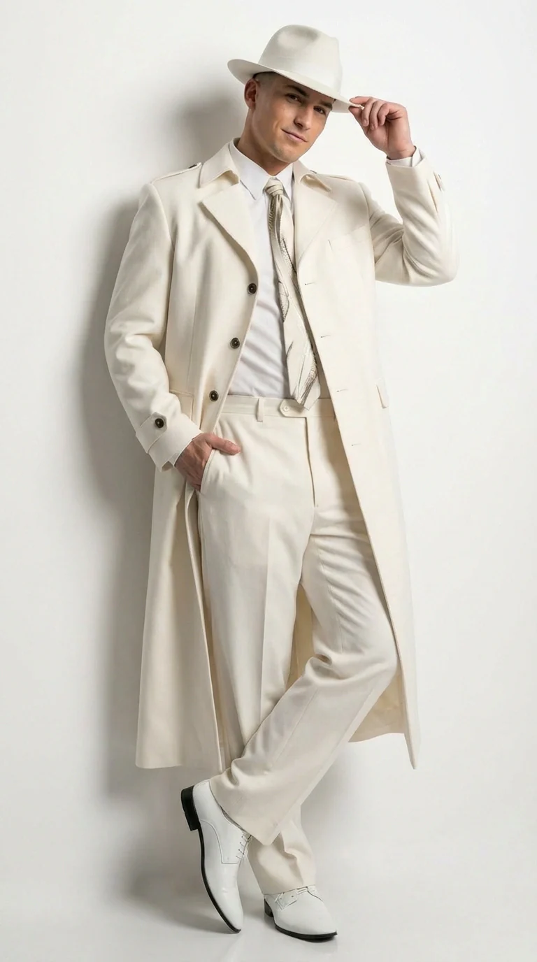 Men’s Ivory Cream Off White Full Length Zoot Suit – Vintage Gangster Style Long Coat Formal Suit - Image 6