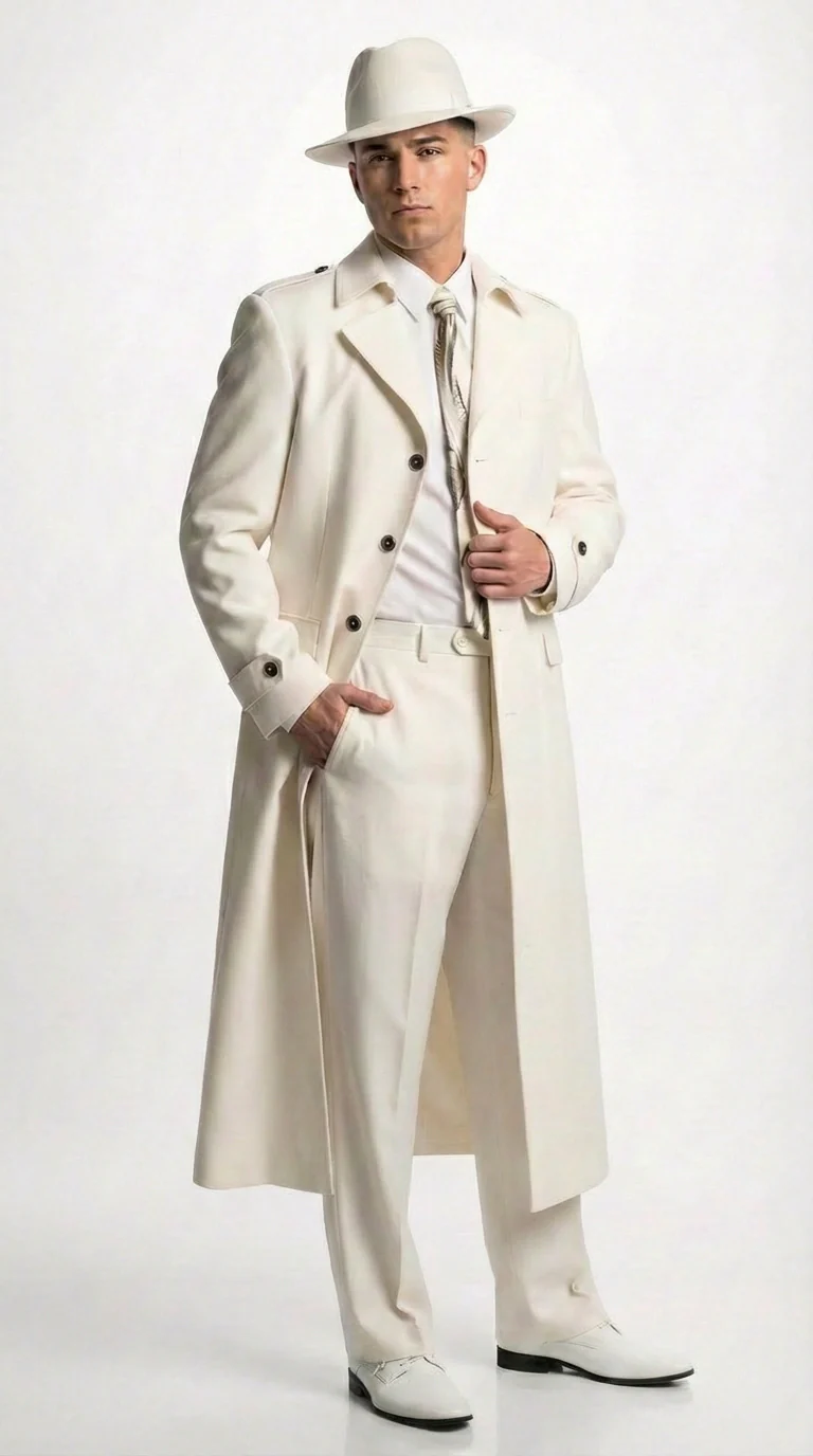 Men’s Ivory Cream Off White Full Length Zoot Suit – Vintage Gangster Style Long Coat Formal Suit - Image 8