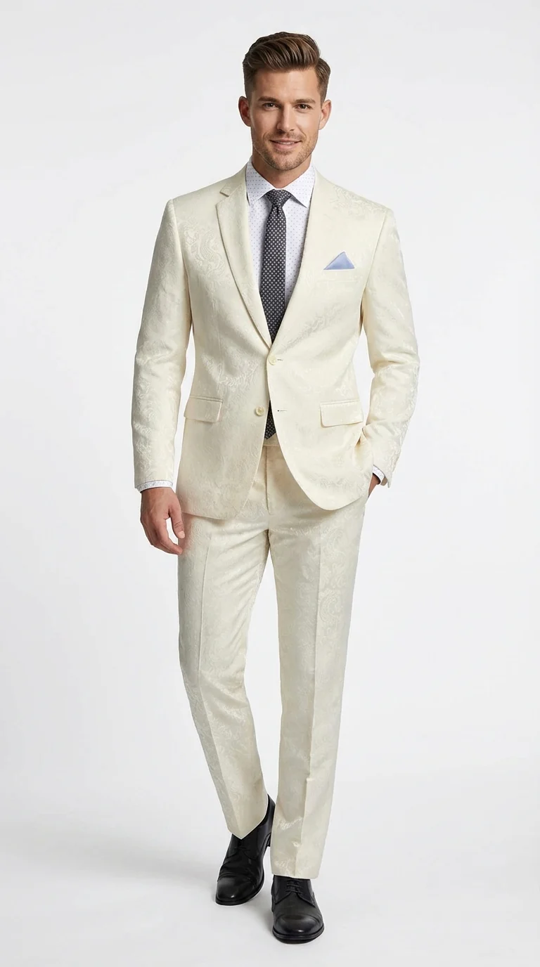 Men’s Ivory Paisley Shiny Suit – Flroal Formal Wedding and Prom Suit for Party, in Cream Off White