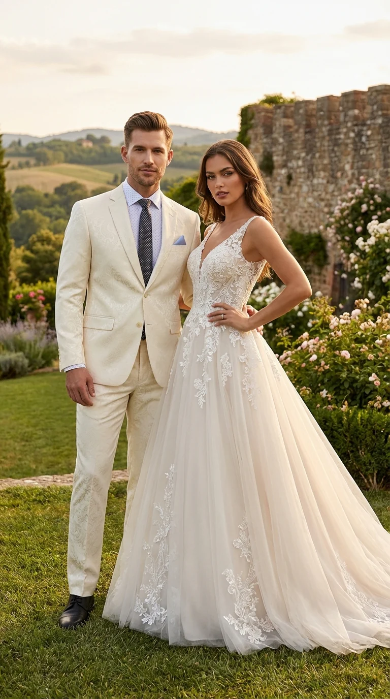 Men’s Ivory Paisley Shiny Suit – Flroal Formal Wedding and Prom Suit for Party, in Cream Off White - Image 10