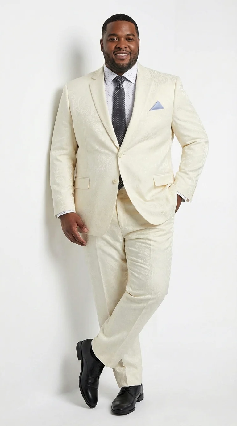 Men’s Ivory Paisley Shiny Suit – Flroal Formal Wedding and Prom Suit for Party, in Cream Off White - Image 11