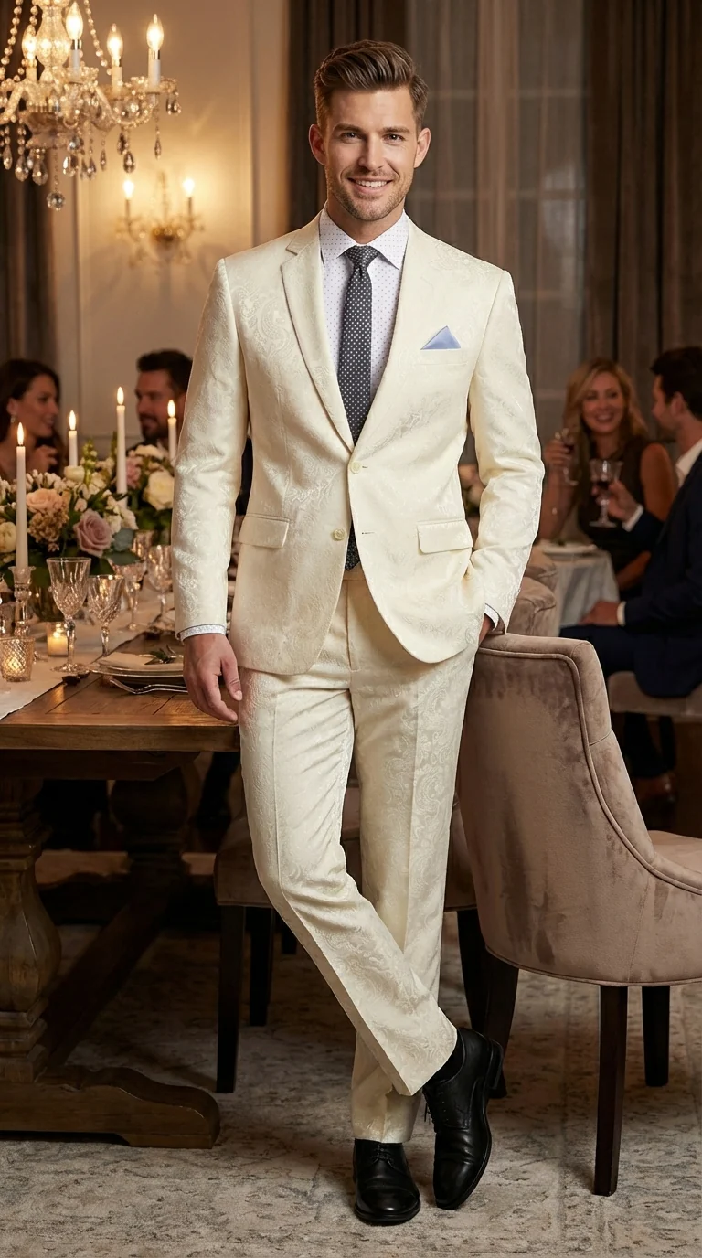 Men’s Ivory Paisley Shiny Suit – Flroal Formal Wedding and Prom Suit for Party, in Cream Off White - Image 12