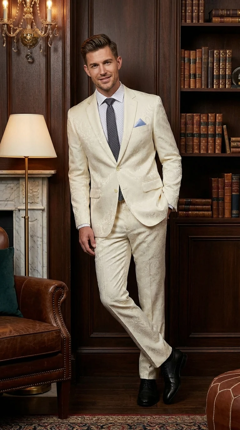Men’s Ivory Paisley Shiny Suit – Flroal Formal Wedding and Prom Suit for Party, in Cream Off White - Image 14