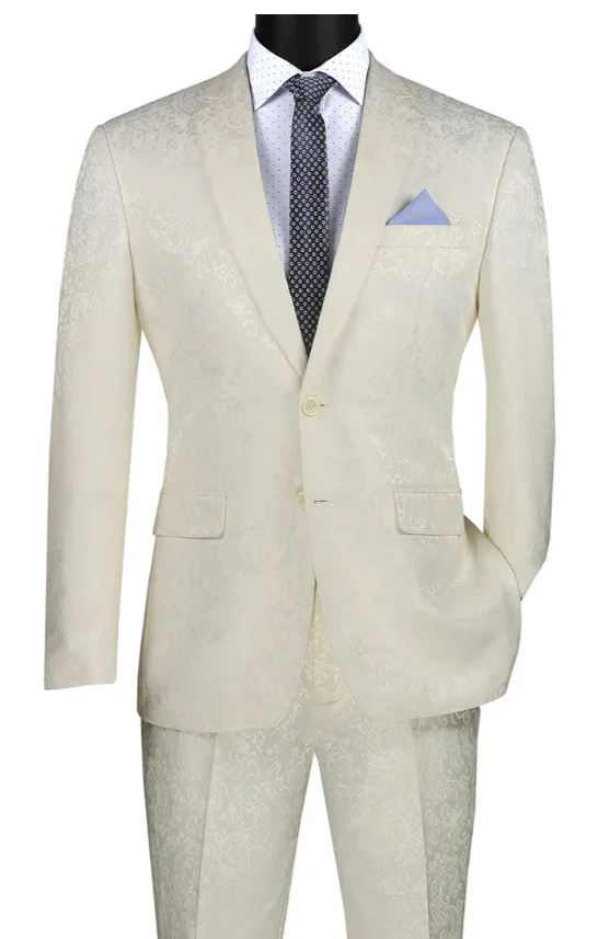 Men’s Ivory Paisley Shiny Suit – Flroal Formal Wedding and Prom Suit for Party, in Cream Off White - Image 17