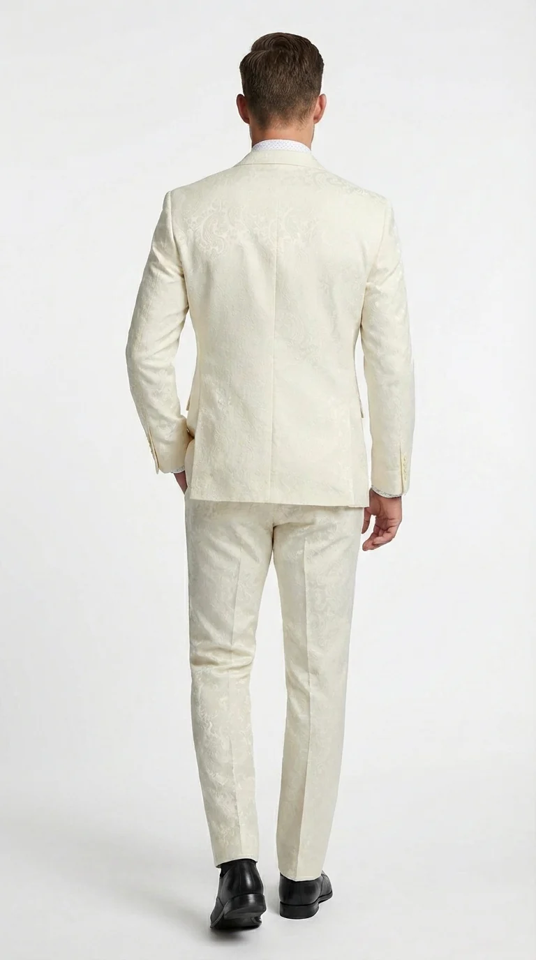 Men’s Ivory Paisley Shiny Suit – Flroal Formal Wedding and Prom Suit for Party, in Cream Off White - Image 2