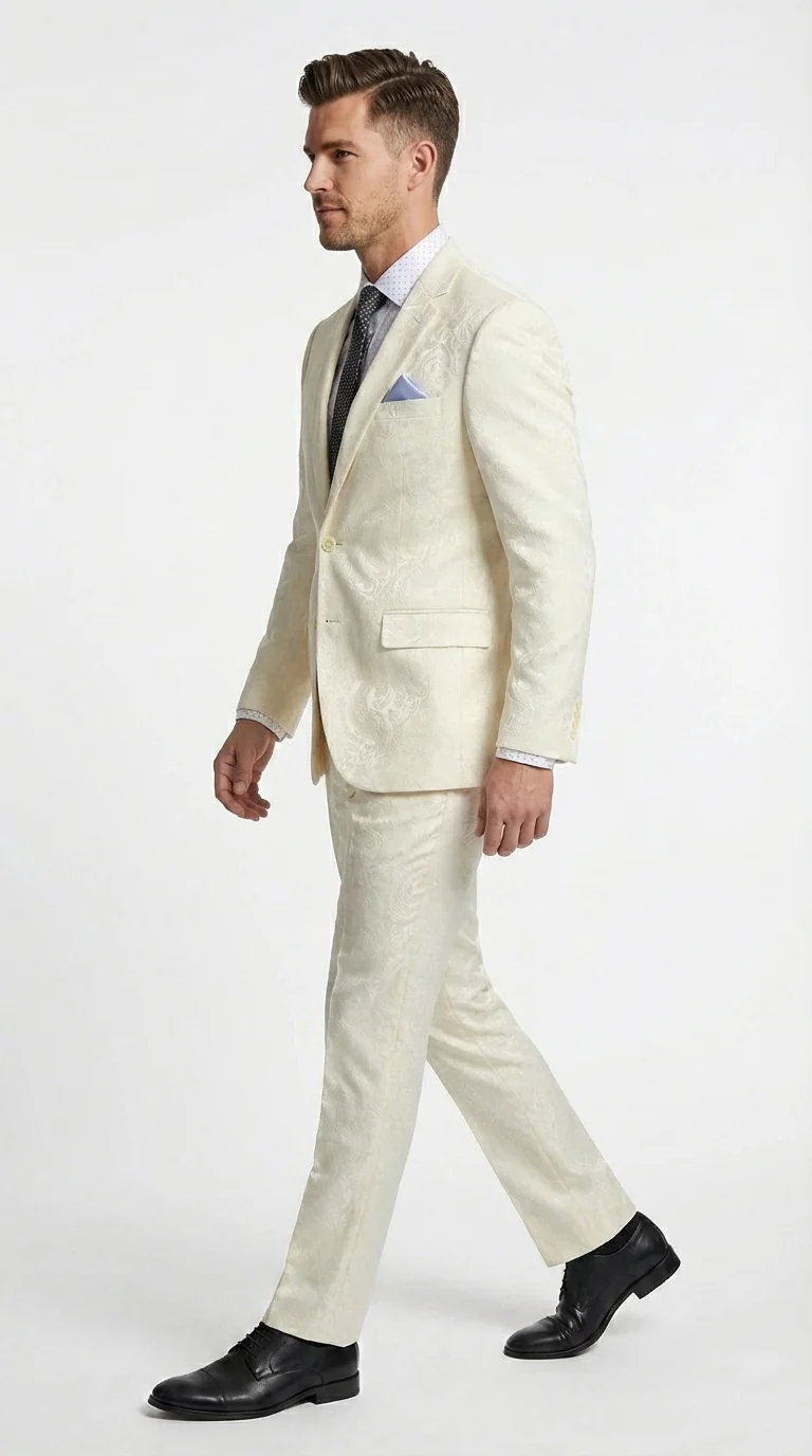 Men’s Ivory Paisley Shiny Suit – Flroal Formal Wedding and Prom Suit for Party, in Cream Off White - Image 3
