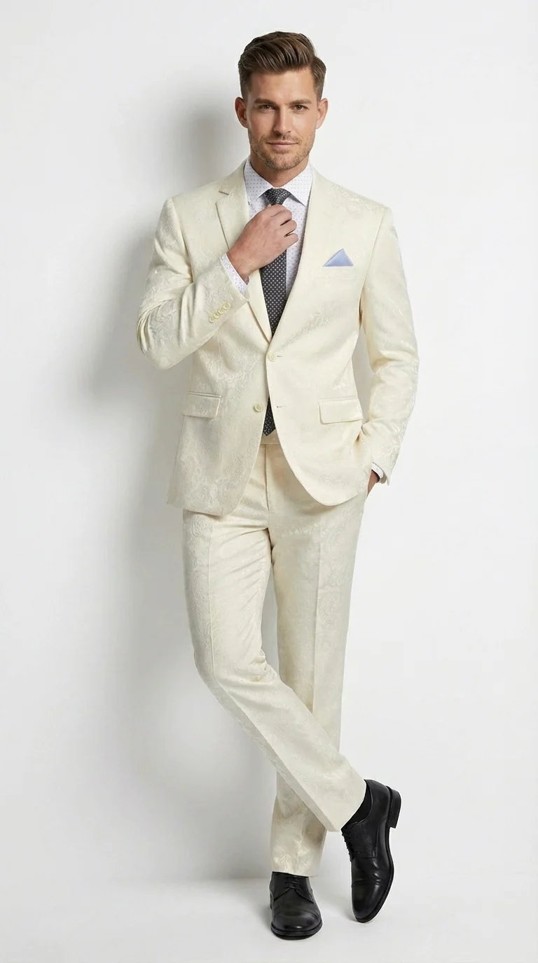 Men’s Ivory Paisley Shiny Suit – Flroal Formal Wedding and Prom Suit for Party, in Cream Off White - Image 4