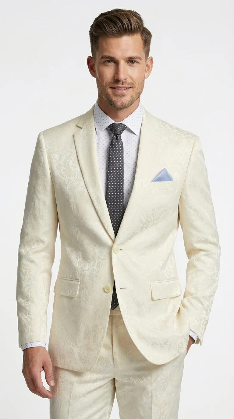 Men’s Ivory Paisley Shiny Suit – Flroal Formal Wedding and Prom Suit for Party, in Cream Off White - Image 5