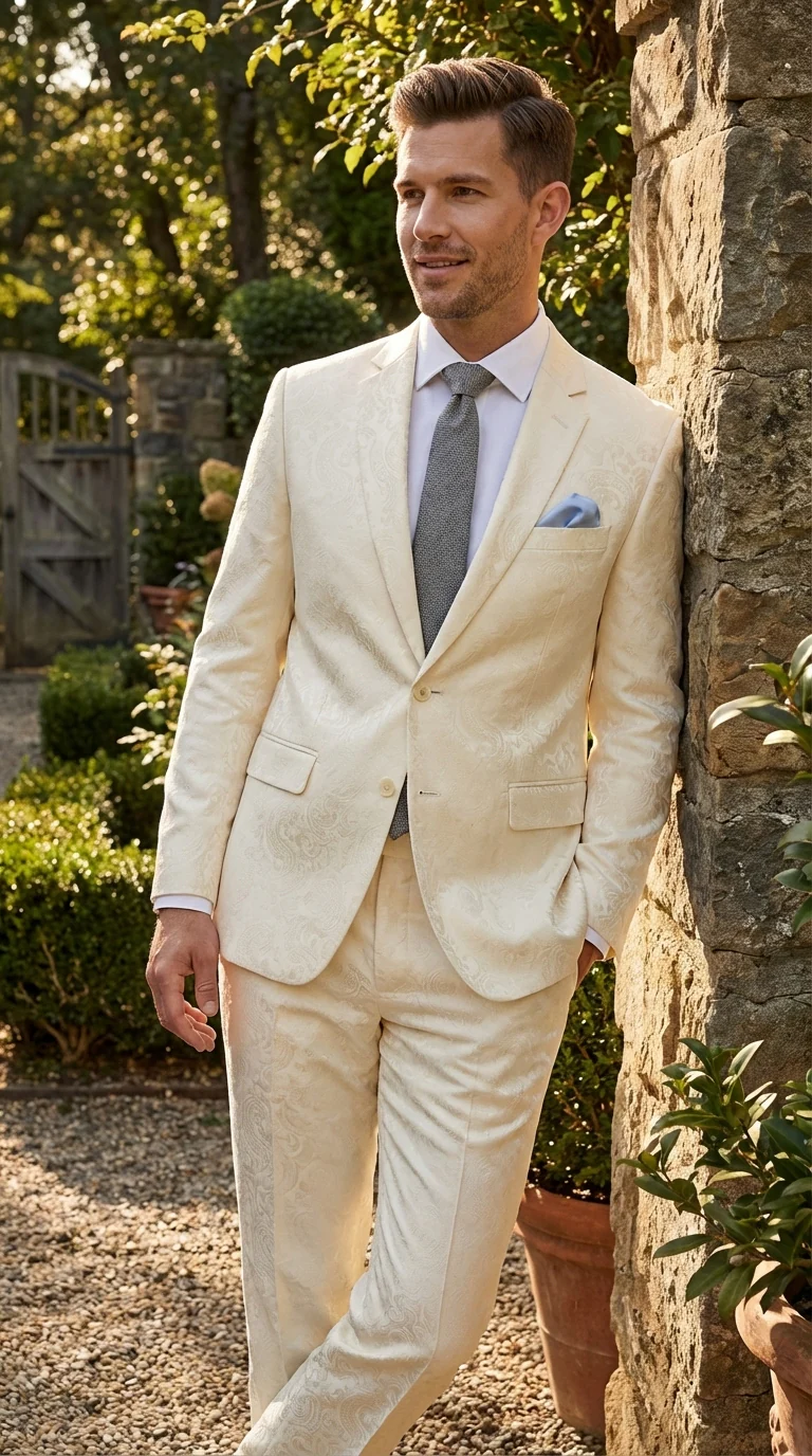 Men’s Ivory Paisley Shiny Suit – Flroal Formal Wedding and Prom Suit for Party, in Cream Off White - Image 7