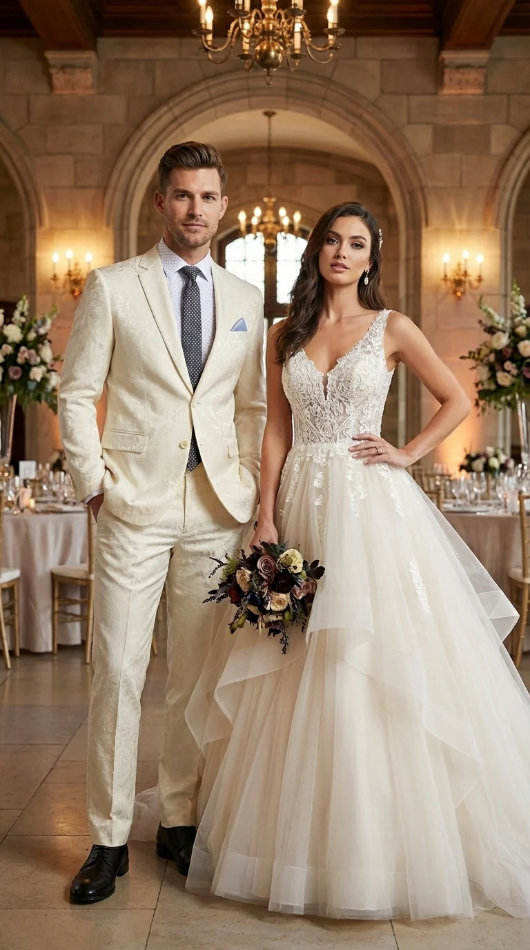 Men’s Ivory Paisley Shiny Suit – Flroal Formal Wedding and Prom Suit for Party, in Cream Off White - Image 8