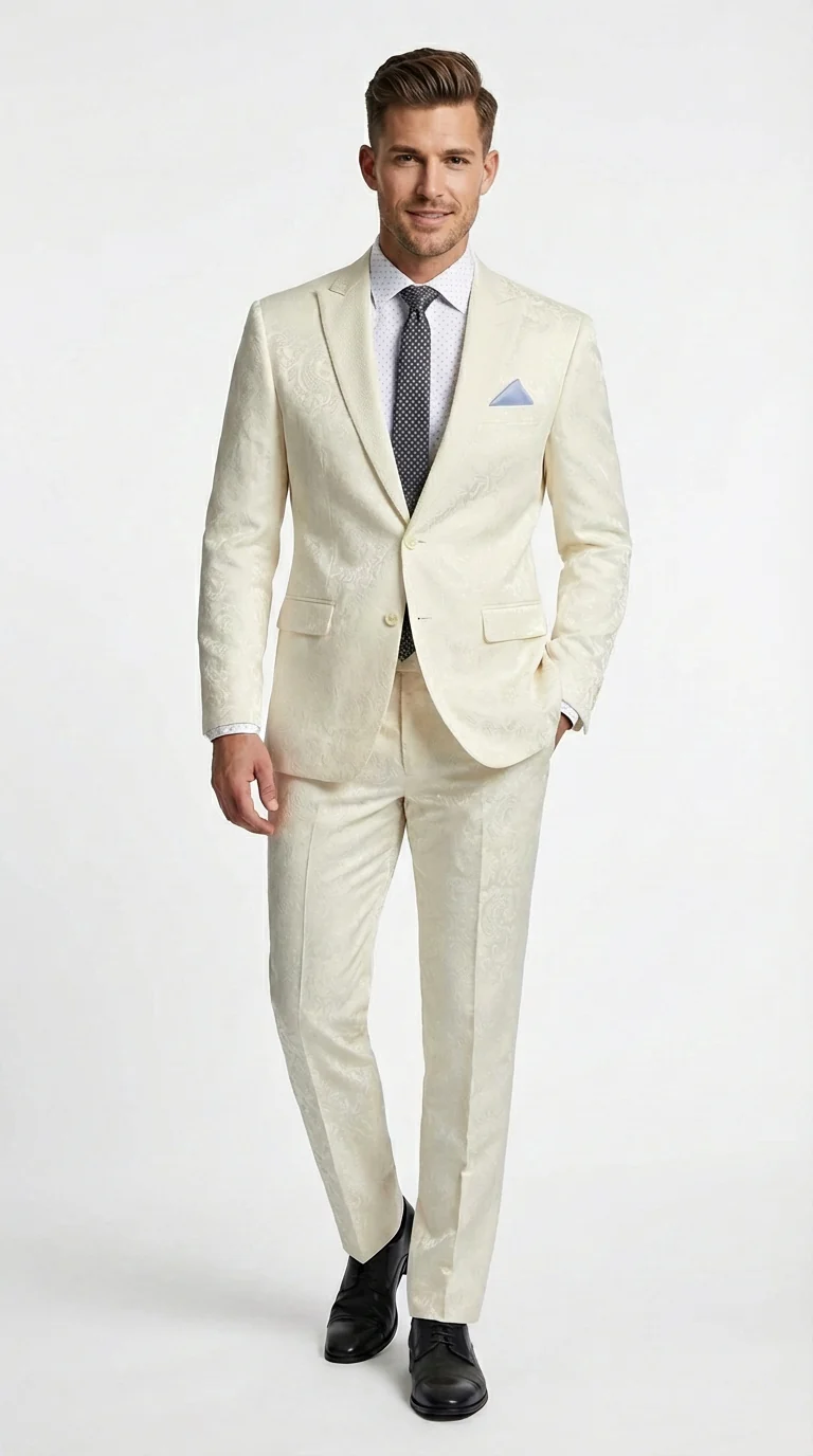 Men’s Ivory Paisley Shiny Suit – Flroal Formal Wedding and Prom Suit for Party, in Cream Off White - Image 9