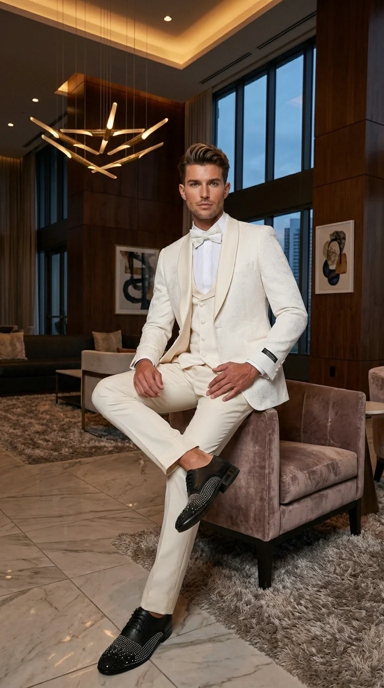 Men’s Ivory Paisley Tuxedo Suit 3 Piece – One Button Vested Satin Formal Suit for Wedding in Off white Cream Color - Image 12