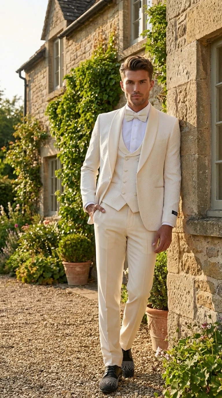 Men’s Ivory Paisley Tuxedo Suit 3 Piece – One Button Vested Satin Formal Suit for Wedding in Off white Cream Color - Image 13