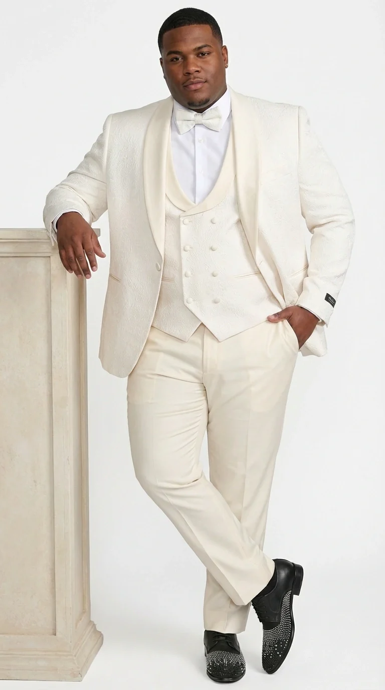 Men’s Ivory Paisley Tuxedo Suit 3 Piece – One Button Vested Satin Formal Suit for Wedding in Off white Cream Color - Image 14