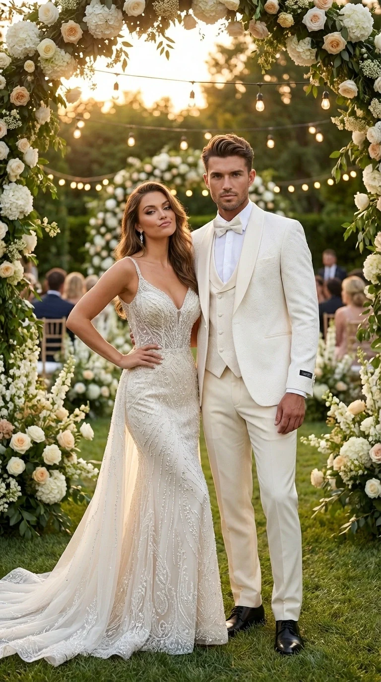 Men’s Ivory Paisley Tuxedo Suit 3 Piece – One Button Vested Satin Formal Suit for Wedding in Off white Cream Color - Image 15