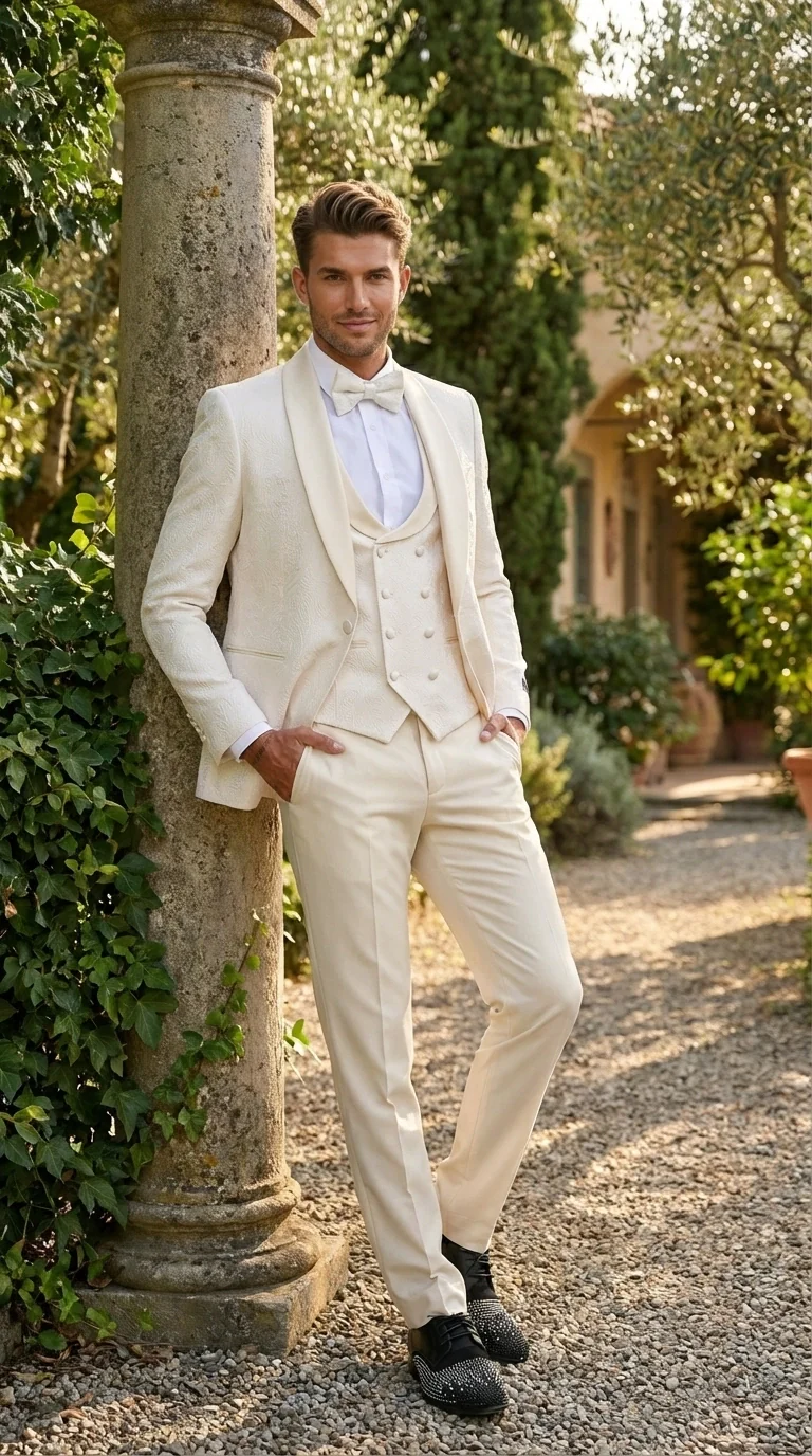 Men’s Ivory Paisley Tuxedo Suit 3 Piece – One Button Vested Satin Formal Suit for Wedding in Off white Cream Color - Image 16