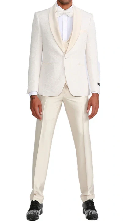 Men’s Ivory Paisley Tuxedo Suit 3 Piece – One Button Vested Satin Formal Suit for Wedding in Off white Cream Color - Image 17