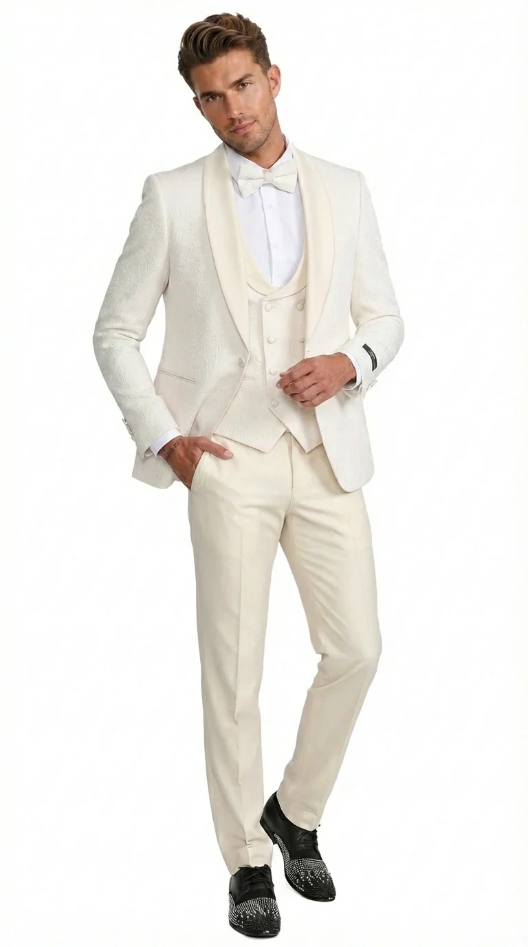 Men’s Ivory Paisley Tuxedo Suit 3 Piece – One Button Vested Satin Formal Suit for Wedding in Off white Cream Color - Image 3