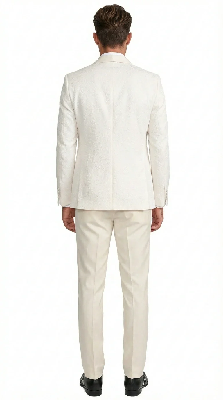 Men’s Ivory Paisley Tuxedo Suit 3 Piece – One Button Vested Satin Formal Suit for Wedding in Off white Cream Color - Image 4