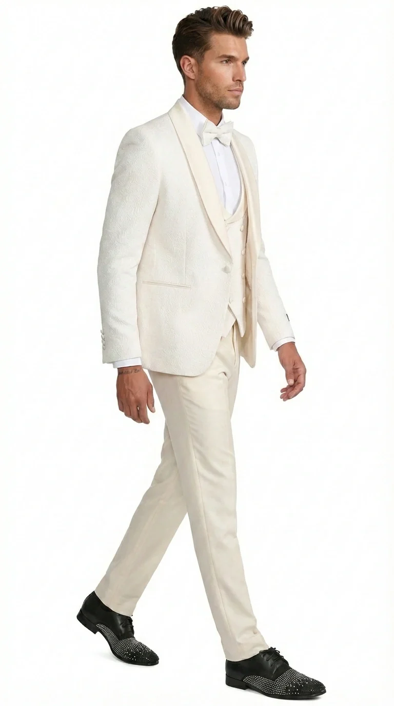 Men’s Ivory Paisley Tuxedo Suit 3 Piece – One Button Vested Satin Formal Suit for Wedding in Off white Cream Color - Image 5