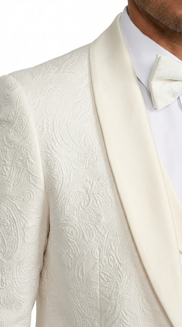 Men’s Ivory Paisley Tuxedo Suit 3 Piece – One Button Vested Satin Formal Suit for Wedding in Off white Cream Color - Image 6