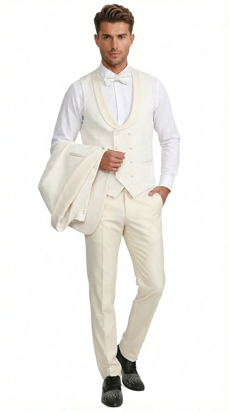 Men’s Ivory Paisley Tuxedo Suit 3 Piece – One Button Vested Satin Formal Suit for Wedding in Off white Cream Color - Image 7