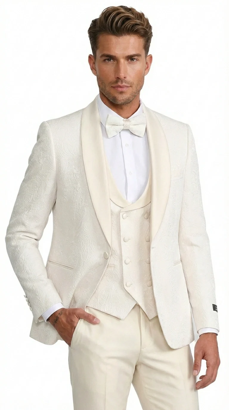 Men’s Ivory Paisley Tuxedo Suit 3 Piece – One Button Vested Satin Formal Suit for Wedding in Off white Cream Color - Image 8