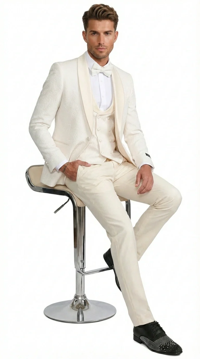 Men’s Ivory Paisley Tuxedo Suit 3 Piece – One Button Vested Satin Formal Suit for Wedding in Off white Cream Color - Image 9