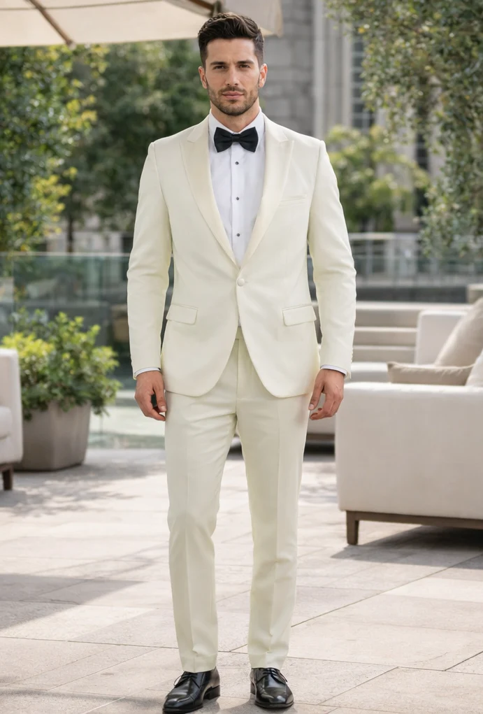 Men’s Ivory Slim Fit Tuxedo | Peak Framed Lapel Wedding Suit - Image 8