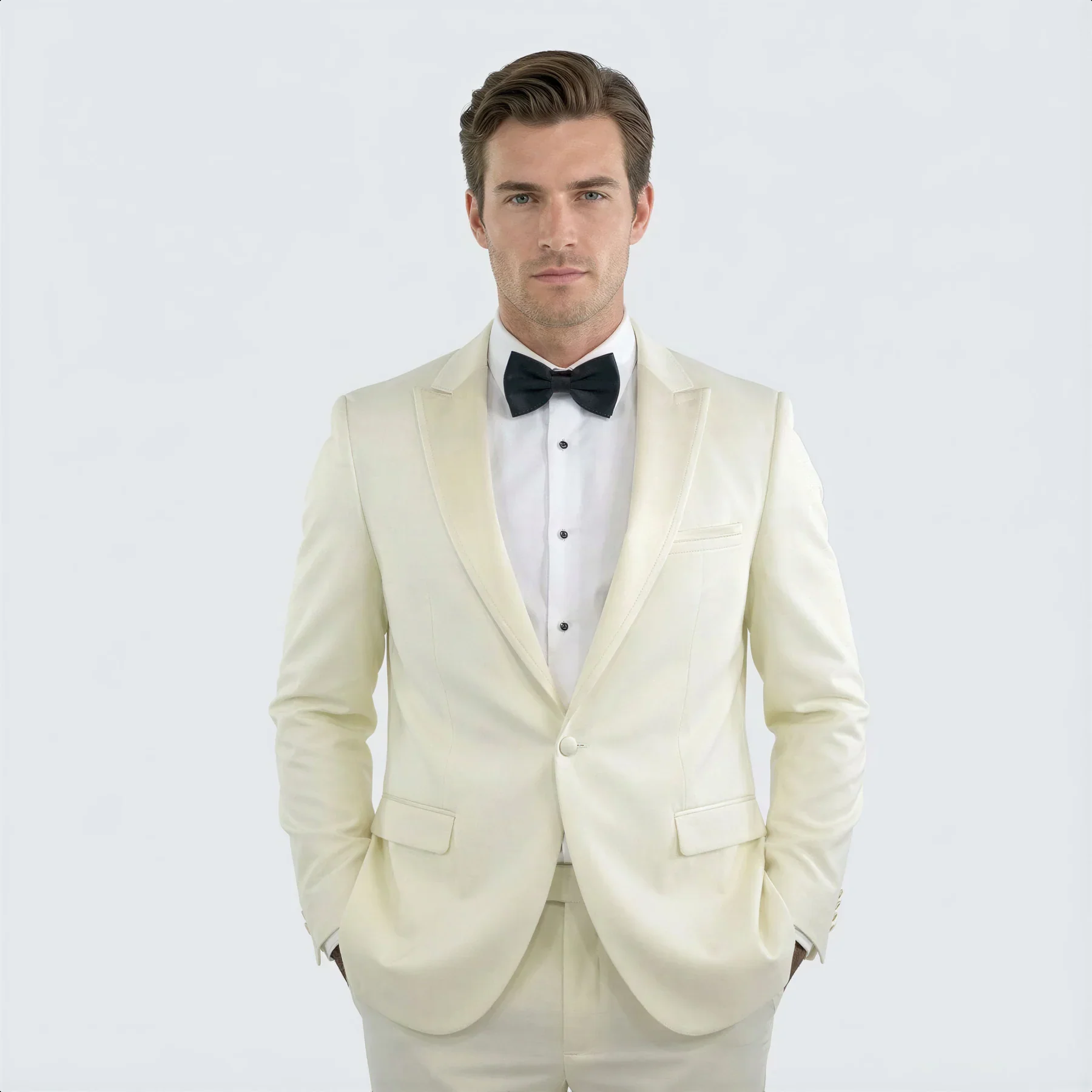 Men’s Ivory Slim Fit Tuxedo | Peak Framed Lapel Wedding Suit - Image 9