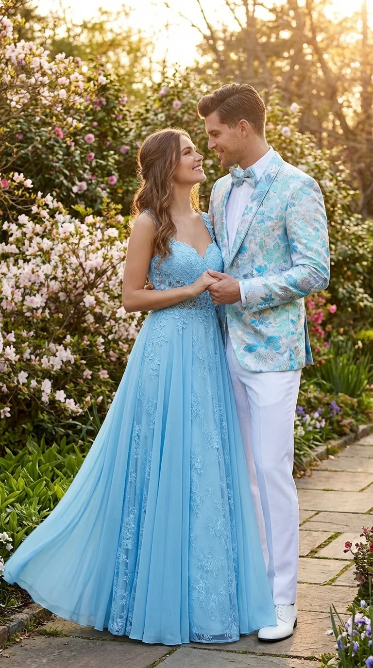 Men’s Light Blue Floral Jacquard Tuxedo Jacket with Matching Bow Tie | Formal Prom Wedding Blazer + Bowtie Turqoise Aqua Color - Image 10