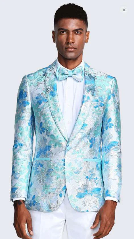 Men’s Light Blue Floral Jacquard Tuxedo Jacket with Matching Bow Tie | Formal Prom Wedding Blazer + Bowtie Turqoise Aqua Color - Image 2