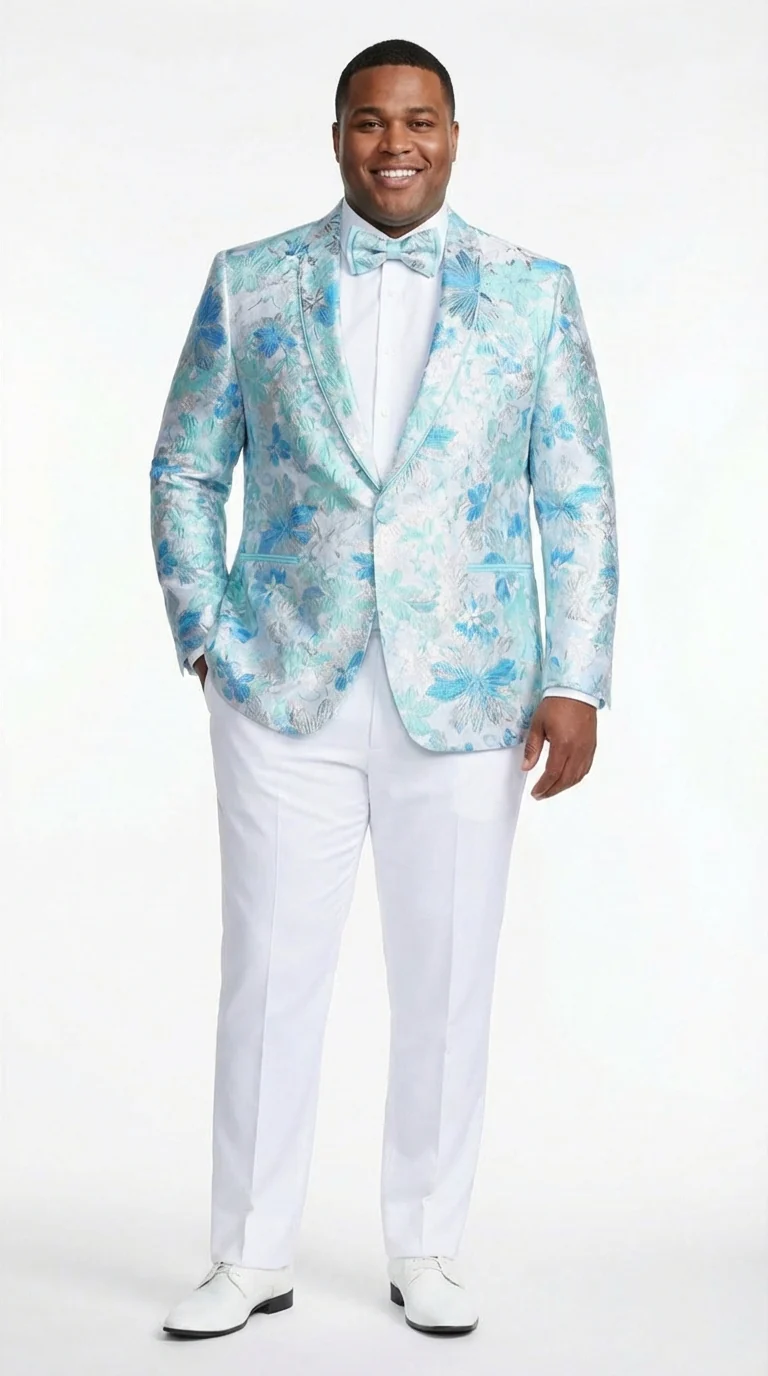 Men’s Light Blue Floral Jacquard Tuxedo Jacket with Matching Bow Tie | Formal Prom Wedding Blazer + Bowtie Turqoise Aqua Color - Image 3