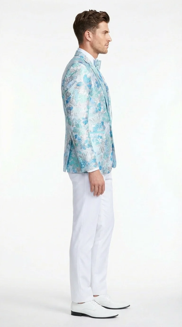 Men’s Light Blue Floral Jacquard Tuxedo Jacket with Matching Bow Tie | Formal Prom Wedding Blazer + Bowtie Turqoise Aqua Color - Image 4