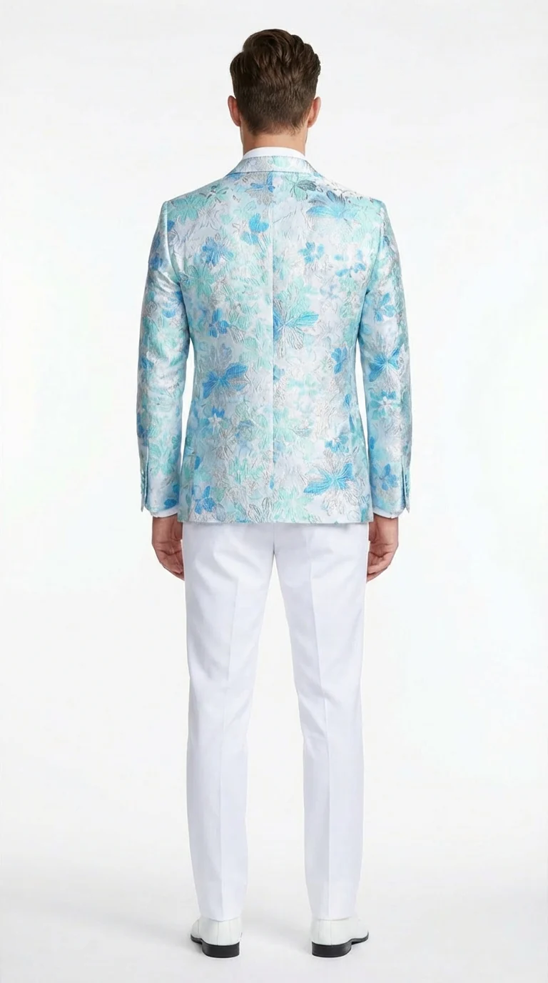 Men’s Light Blue Floral Jacquard Tuxedo Jacket with Matching Bow Tie | Formal Prom Wedding Blazer + Bowtie Turqoise Aqua Color - Image 5