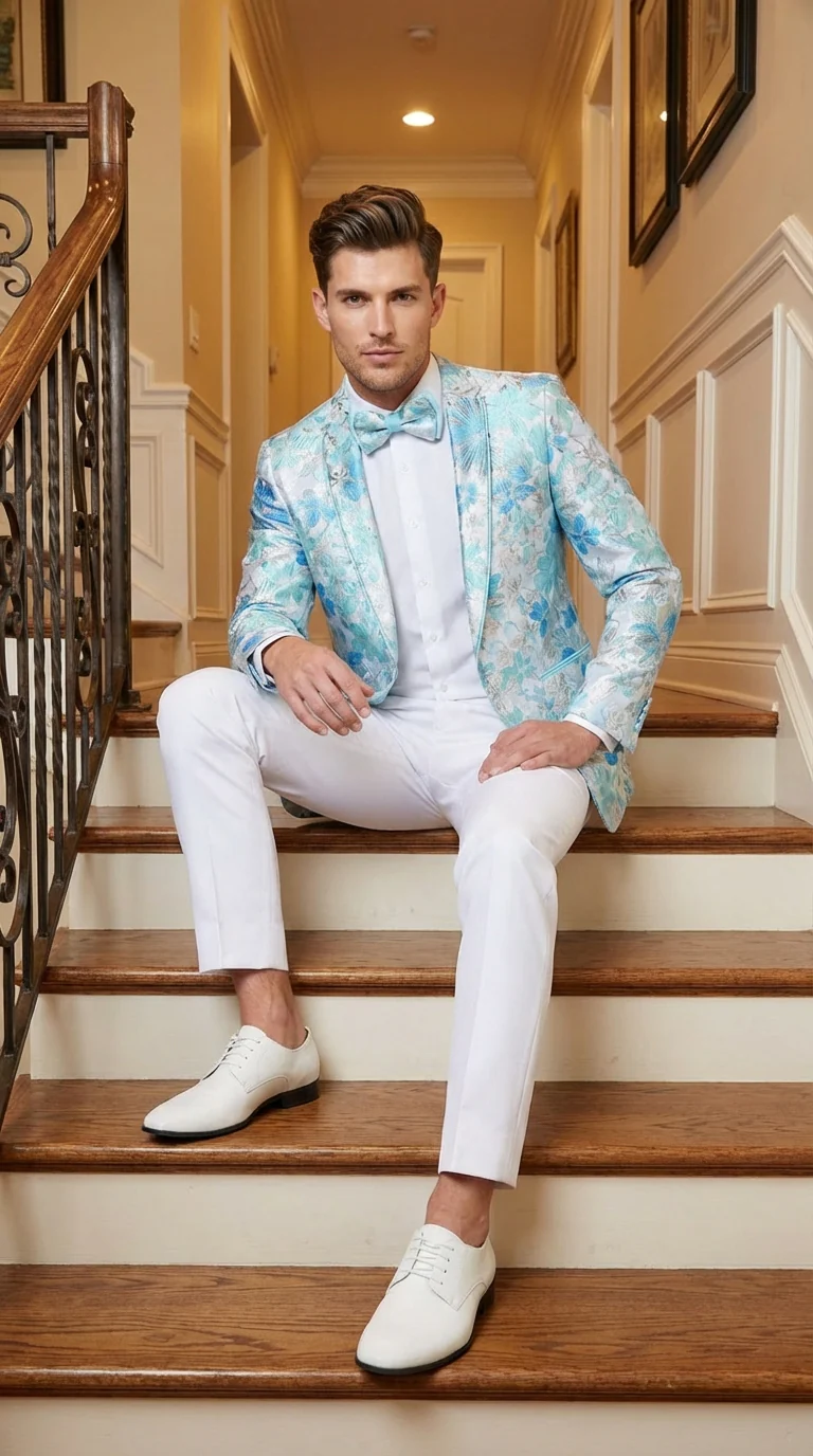 Men’s Light Blue Floral Jacquard Tuxedo Jacket with Matching Bow Tie | Formal Prom Wedding Blazer + Bowtie Turqoise Aqua Color - Image 6