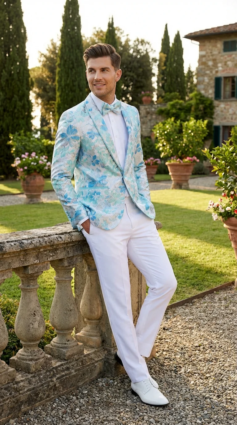 Men’s Light Blue Floral Jacquard Tuxedo Jacket with Matching Bow Tie | Formal Prom Wedding Blazer + Bowtie Turqoise Aqua Color - Image 7