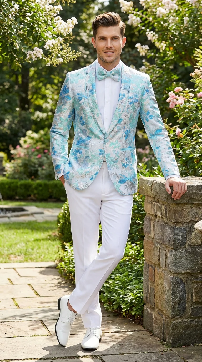 Men’s Light Blue Floral Jacquard Tuxedo Jacket with Matching Bow Tie | Formal Prom Wedding Blazer + Bowtie Turqoise Aqua Color - Image 8