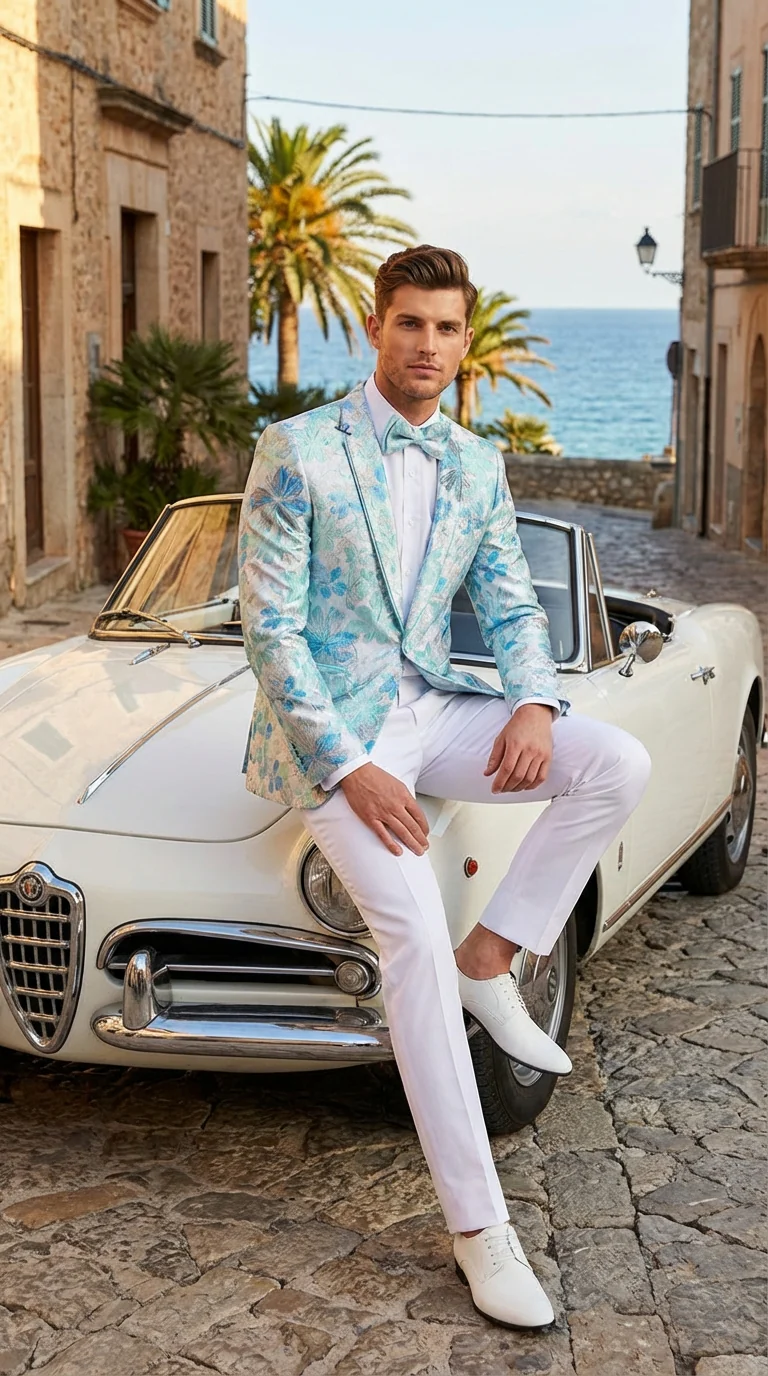 Men’s Light Blue Floral Jacquard Tuxedo Jacket with Matching Bow Tie | Formal Prom Wedding Blazer + Bowtie Turqoise Aqua Color - Image 9