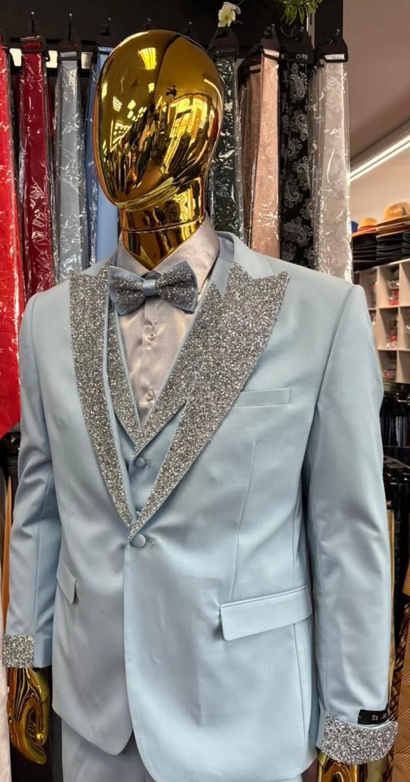 Men’s Light Blue Suit with Silver Glitter Lapel – Light Blue Formal Tuxedo Suit for Prom, Wedding and Special Occasion Wear in Sky Baby Blue - Image 15