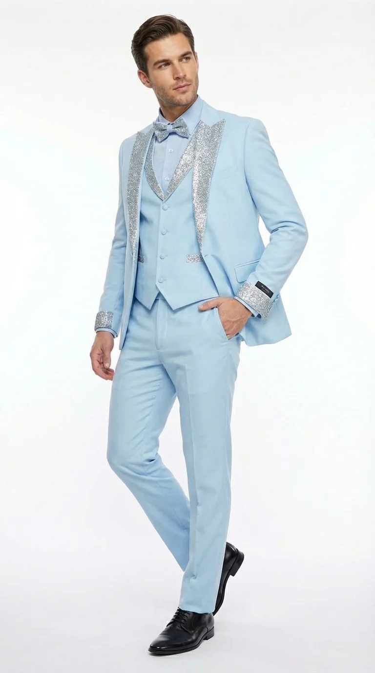 Men’s Light Blue Suit with Silver Glitter Lapel – Light Blue Formal Tuxedo Suit for Prom, Wedding and Special Occasion Wear in Sky Baby Blue - Image 4