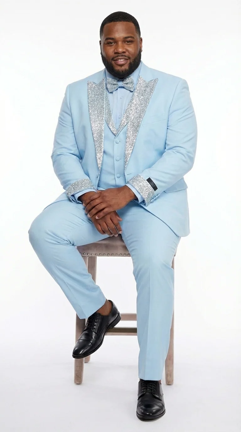 Men’s Light Blue Suit with Silver Glitter Lapel – Light Blue Formal Tuxedo Suit for Prom, Wedding and Special Occasion Wear in Sky Baby Blue - Image 6